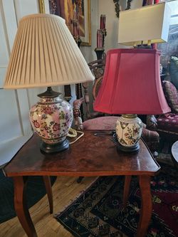 Beautiful Vintage Chinese hand painted porcelain lamps with wooden base ! Original shades! Priced separately!
