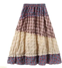 Boho Patchwork Midi Skirt Women's High Waisted Floral Print A-Line Vintage Cotton Skirt Elastic Wais