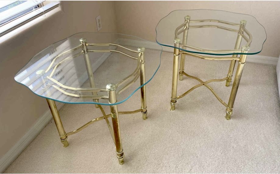  Pair of Gold and Glass Maison Jansen Style Side End Tables