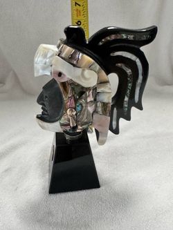 Mexican Aztec Eagle Warrior Bust, Black Obsidian-Style Stone Sculpture with Shell Inlay