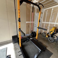 Squat Rack With Bumper Plates Set + 2 New Barbells