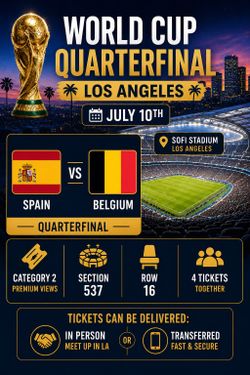 World Cup M98 Spain v Belgium Category 2; 4 tickets