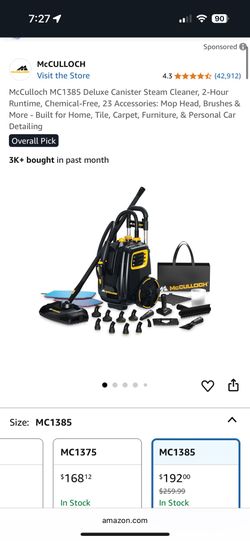 McCulloch MC1385 Deluxe Canister Steam Cleaner - New in box