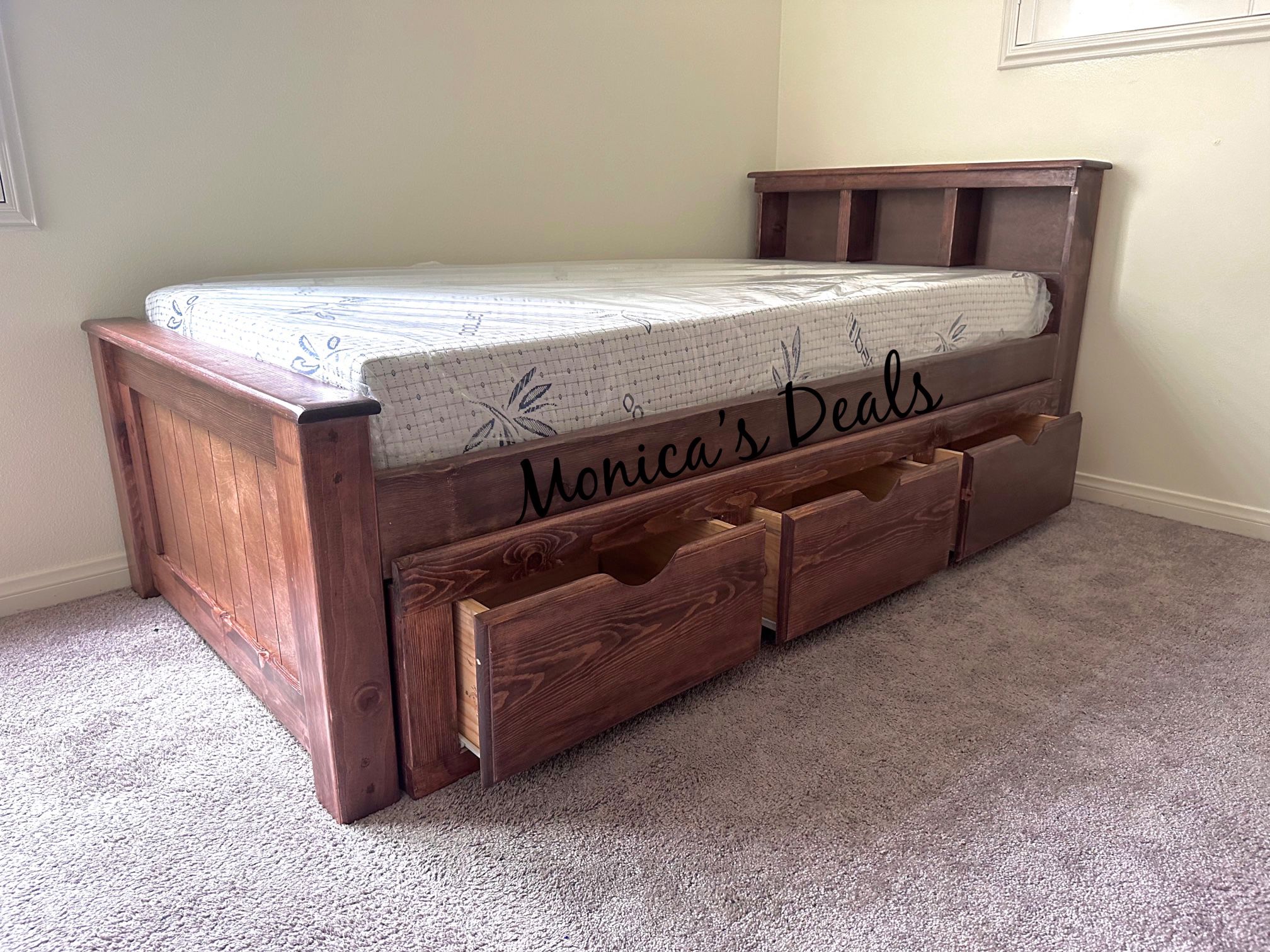 Twin Solid Wood Bed W/3 Drawers & Foam Mattress $600