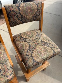 Oak Wood Dining Chairs with Paisley Upholstery