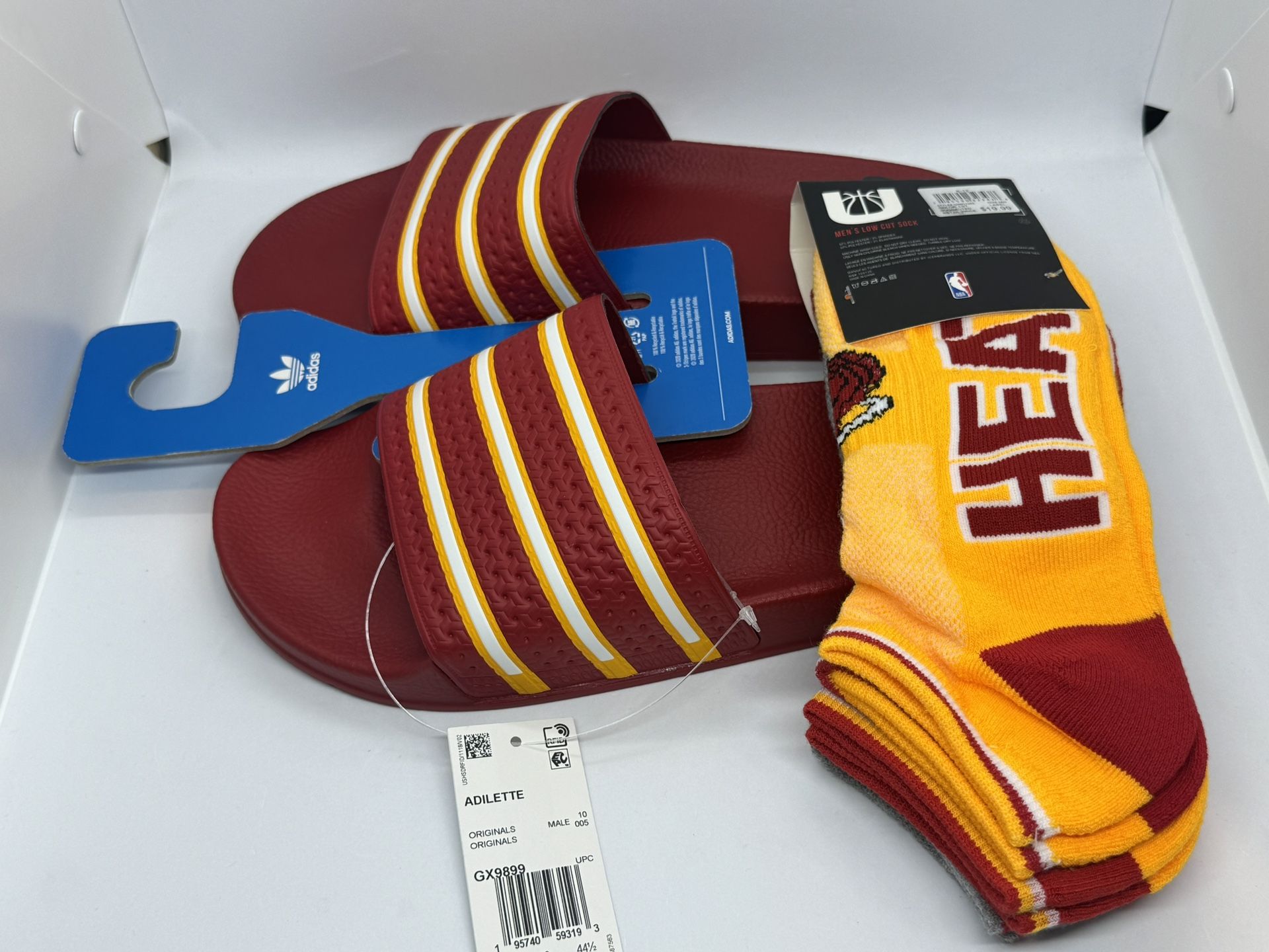 adidas Adilette Slides G16220 Men's Sandals Team Power Red Colleg Gold Size 10 and 11 With Miami Heat Socks 