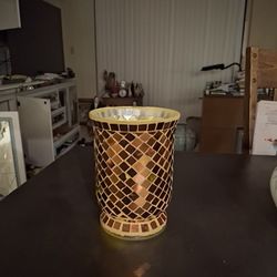 Gold Mosaic Hurricane Lamp Candle Holder Vintage Rustic 7.5"H X 5.5"W 