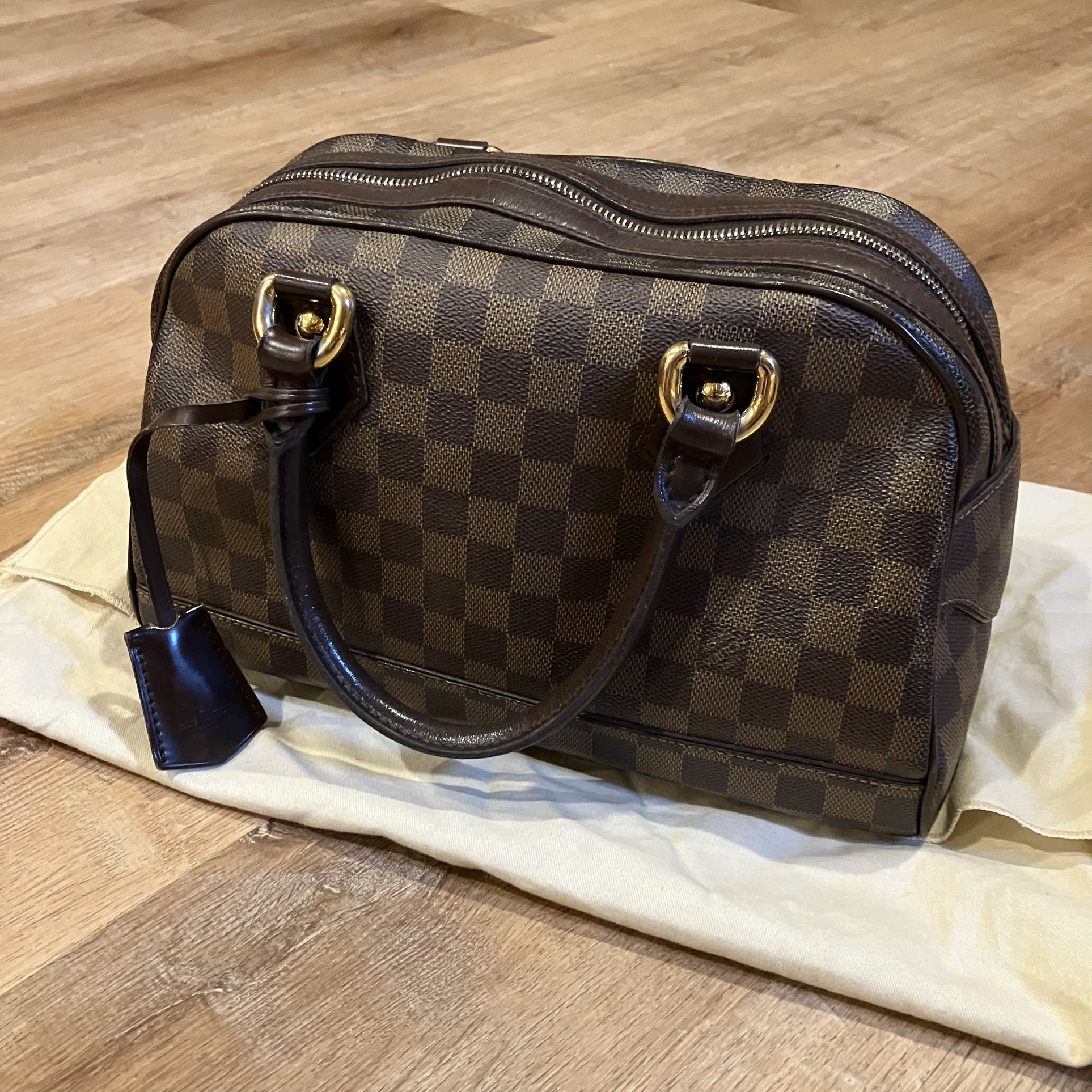 Louis Vuitton Damier Ebene Brown Duomo Hand Bag Gold Zip Boston