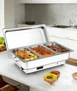 R4） Garvee Electric Chafing Dish Buffet Set, 3 × 3 QT Food Warmer With Stainless Steel Lid, 400W Temperature Control 86-200°F, Stainless Steel Chafer 