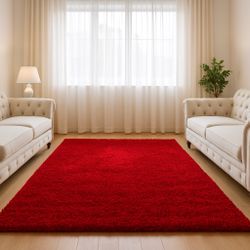 8x10 Red Shag Area Rug Soft Plush Solid Modern Carpet