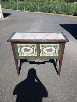 Rustic Hand-Painted Bear and Pinecone Console Cabinet