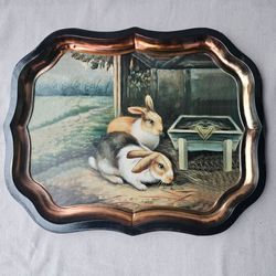 Vintage Decorative Serving Tray w/ Rabbit Scene – Large 22” x 17” – Rustic Cottage Style