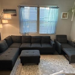 Sectional w/ Ottoman & Convertible Accent Chair (Dark Grey)