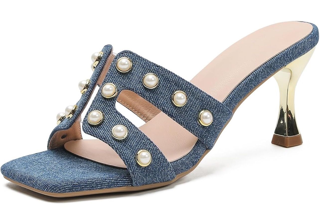 Women's Square Open Toe Sandals, Faux Pearl High Heel Slippers with Single Strap, Non-Slip