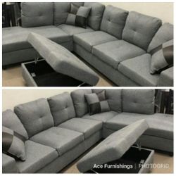 Brand New Grey Denim Linen Fabric Sectional With Storage Ottoman 