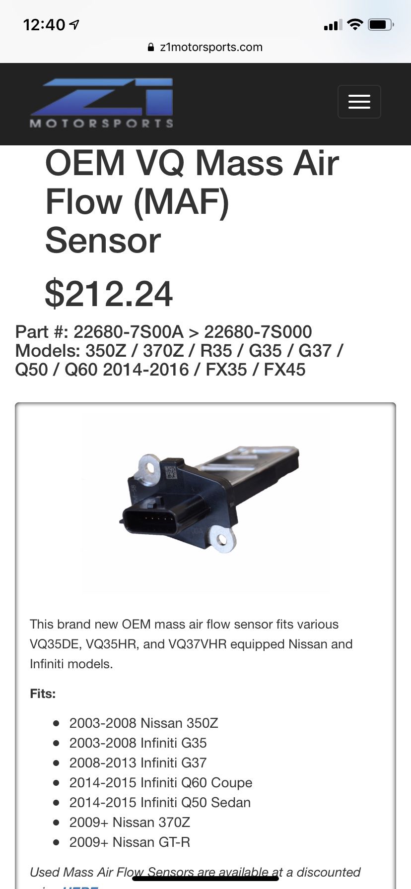 OEM VQ MAF SENSOR for g35/g37/350z/370z etc.