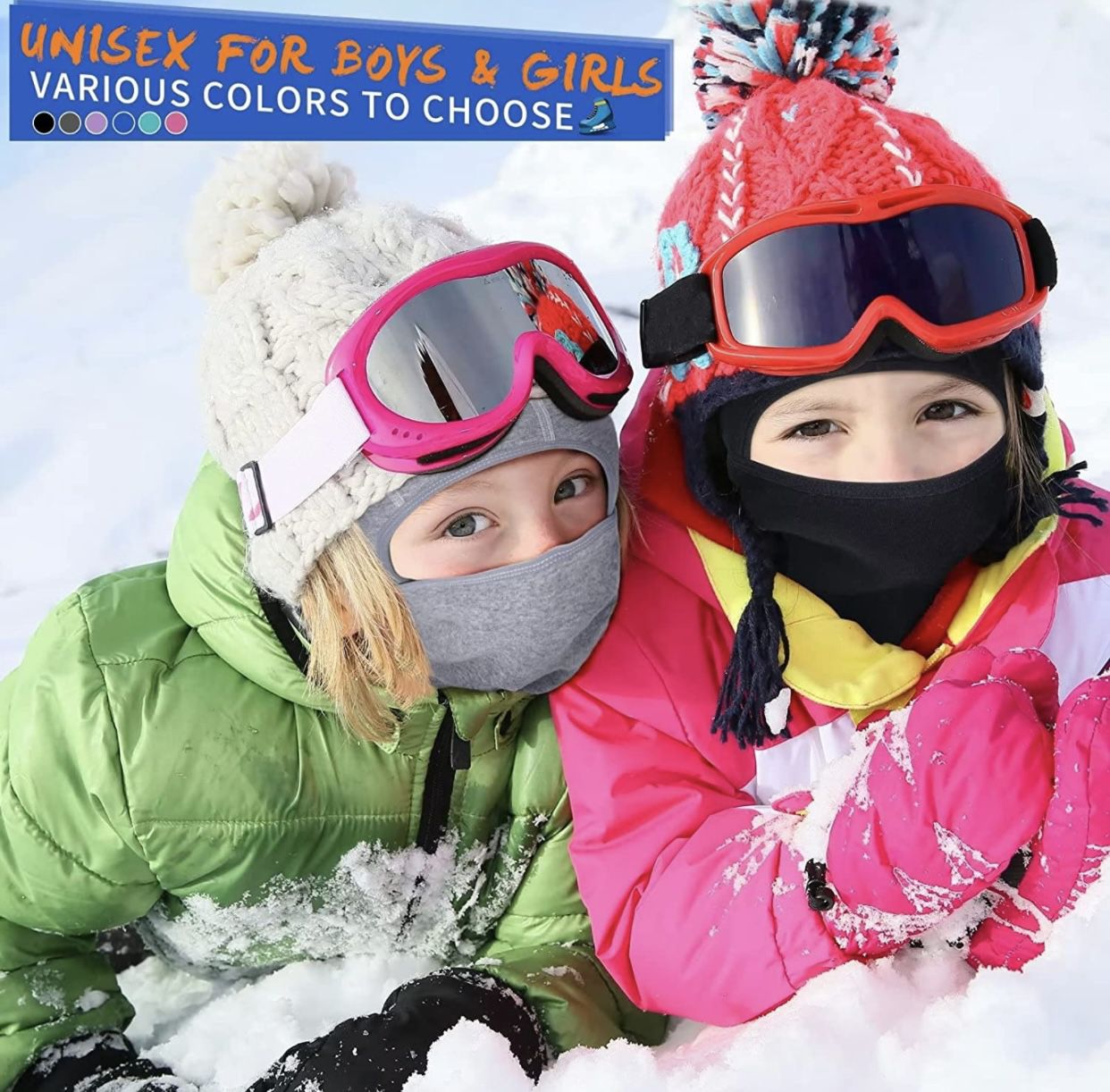 Kids Balaclava Ski Mask 2 Pack, Winter Hat Face Cover Neck Warmer for 3-15 Boy Girl, Full Face Masks for Skiing Cycling