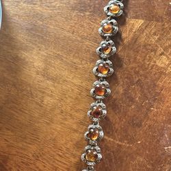 Vintage Art Deco Style Honey Amber Glass Cabochon Bracelet, Marcasite Accented Scalloped Links, Silver Tone, Mid-Century