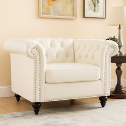White Modern Luxury 1 Seater Single Seat Sofa Couch, PU Sofa Chair with Rolled Arm [NEW] **Assembly Req** 