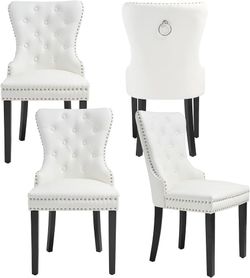 PU Leather Dining Chairs Set of 4, Tufted Upholstered Dining Room Chair with Pull Ring and Solid Wood Legs, White  Color White Material Wood Product D