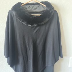 Black Knit Poncho With Fur Collar By Alfani