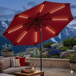 NEW Patio Umbrella With Solar LED Lights 9 Foot Outdoor Umbrella Tilt Adjustable