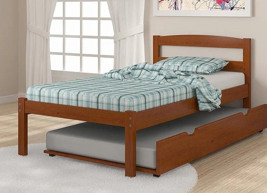 Solid Wood Light Espresso Twin Bed with Trundle And Mattresses