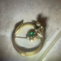 Vintage Pin Brooch Gold Filled Marked Leaf Green Stone Pearl-C-on Back