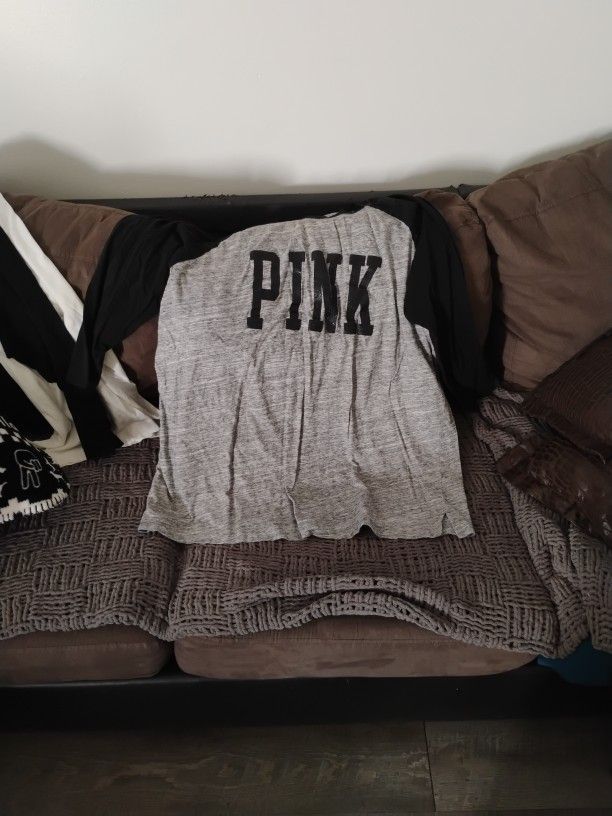 Victoria Secret Pink Gray And Black Quarter Sleeve Tshirt Xl