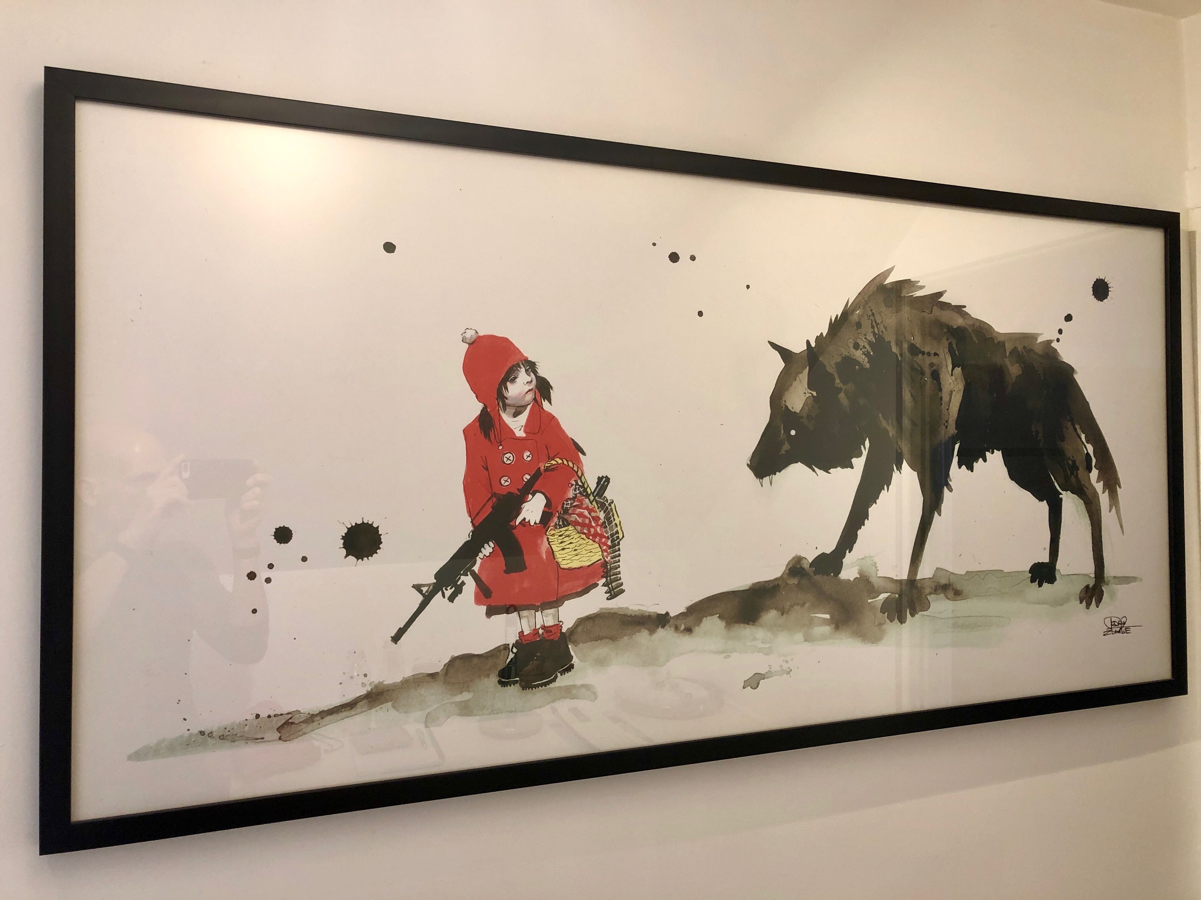 HUGE Lora Zombie RED RIDING HOOD (w/machine gun) & WOLF Limited Edition FRAMED PRINT w/UV Glass