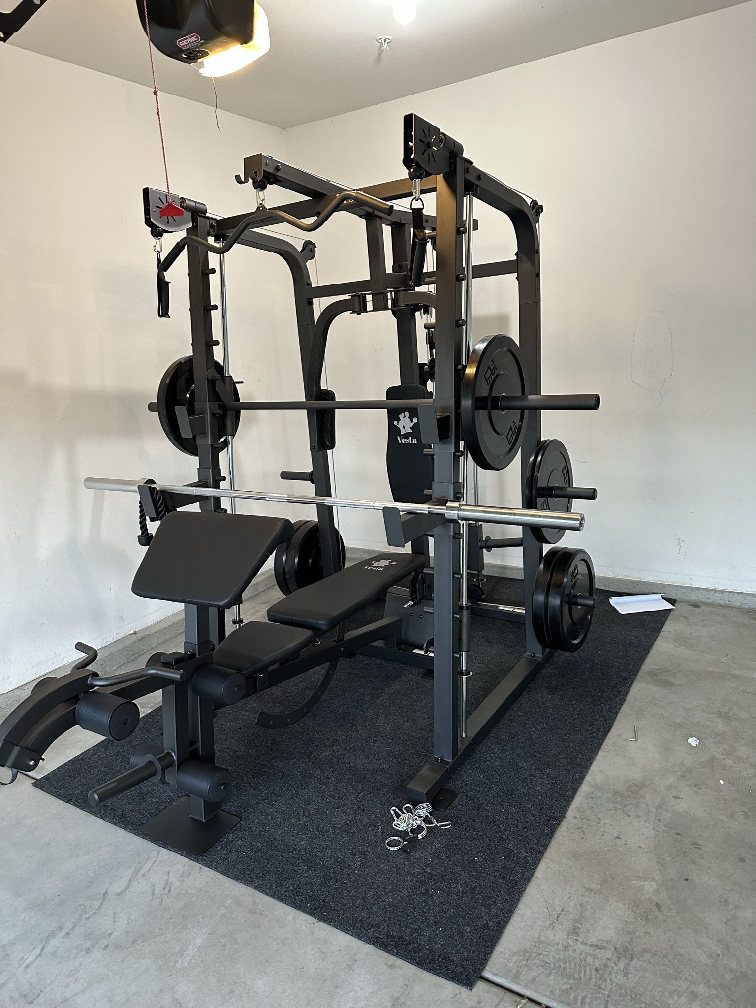 Vesta Fitness Smith Machine 2001 w/Bench Attachment | 230lb Bumpers Weights | 7ft Olympic Bar | Fitness | Gym Equipment | FREE DELIVERY🚚