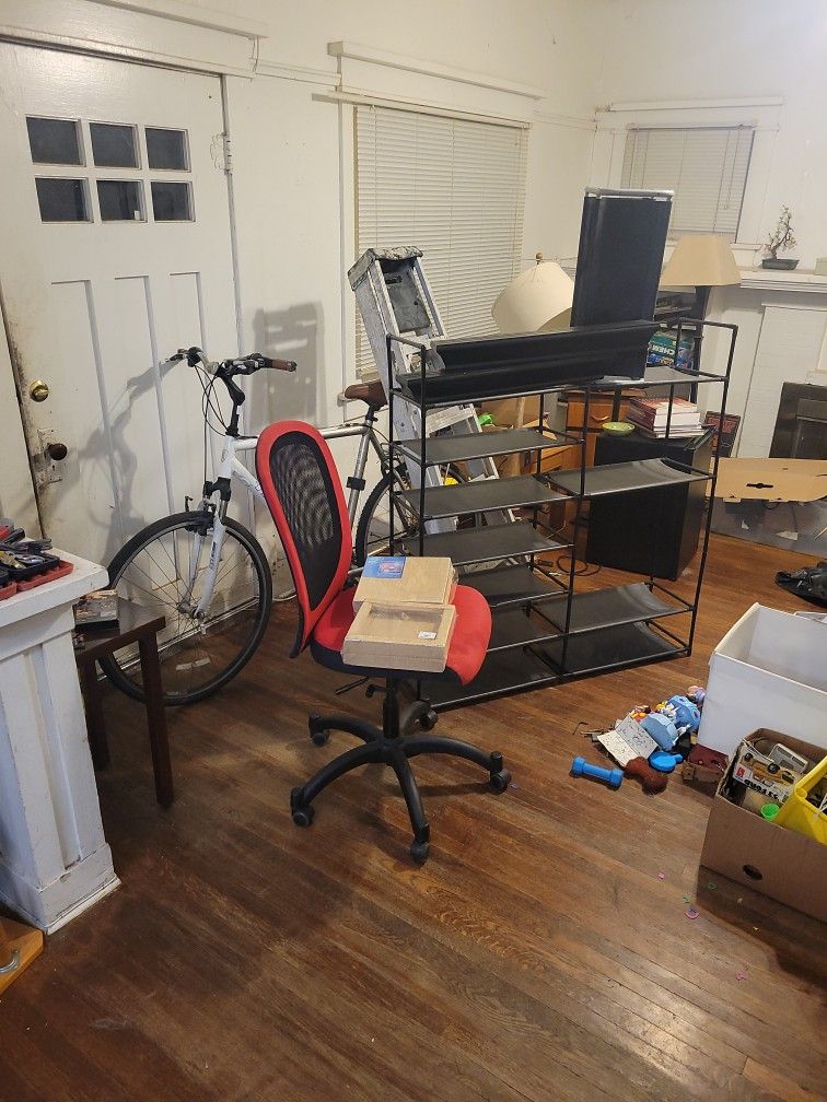 Moving Sale - ( BIKE SOLD! )Lasko Fan, Shoe And Clothes Rack, Small Shoe Rack, (2 )Pedestal Wall Shelves, 5 Ft Werner Ladder