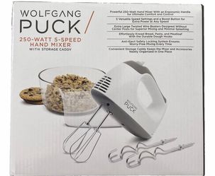 Wolfgang Puck 250W 5-Speed Hand Mixer Set w/ Storage Caddy, Beaters, Hooks