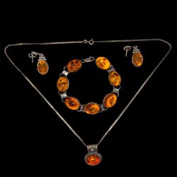 Vintage Amber Necklace Bracelet And Earrings Set Sterling Silver