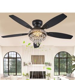 Crystal Ceiling Fan Fandelier with Lights – 50” Black Ceiling Fan with Remote  ✨ Modern crystal fandelier combines elegant lighting with a powerful ce