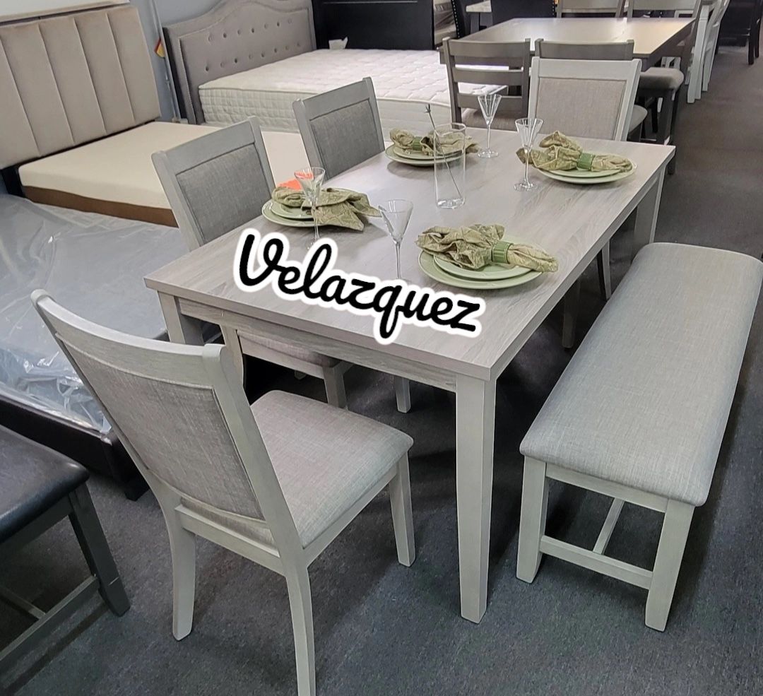 ✅️✅️ 6 pc light finish wood  dining table set padded seat chairs and bench ✅️✅️