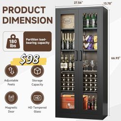 😀 67” Height Display Cabinet with Glass Doors for Home, Office, Clinic, Pantry, Curio Cabinet with 4 Adjustable Shelves, HD & Tempered Glass Display 