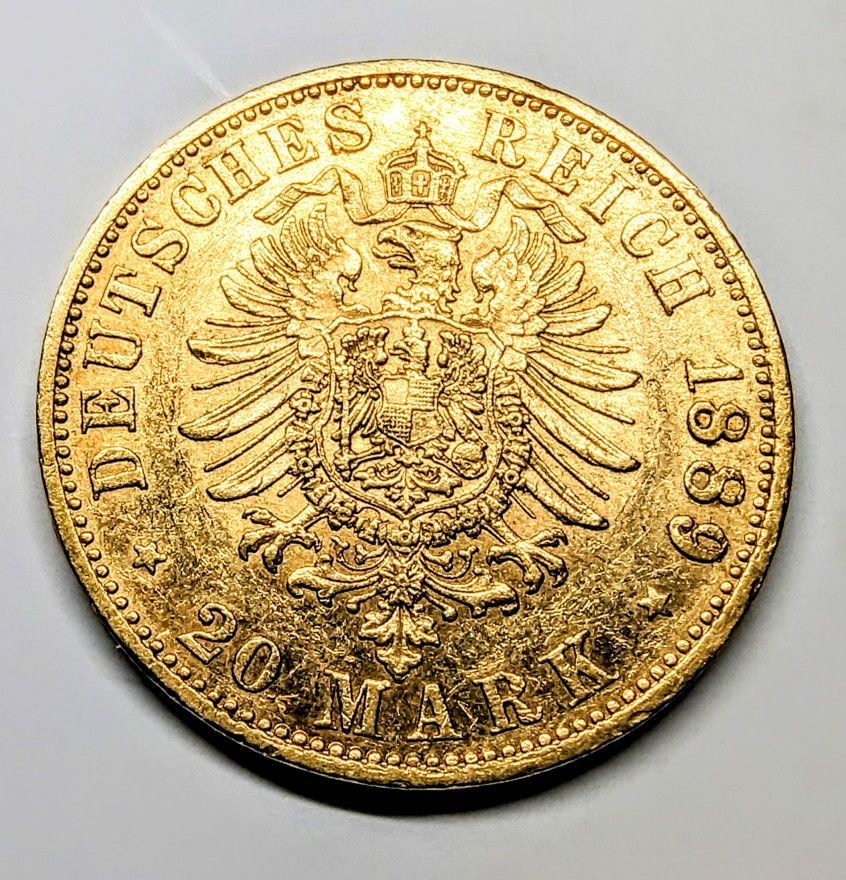 Raw 1889 Kingdom of Prussia (German States) 20 Mark Gold Coin