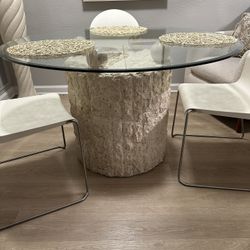 Vintage Postmodern Natural Mactan Stone Dinning Table With Glass Top