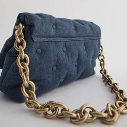 Zara quilted denim bag with a chunky gold chain strap