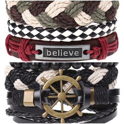 2 x Set Adjust. Size up to 9.5inc Leather Bracelet, (Believe_1-Ship Rudder)