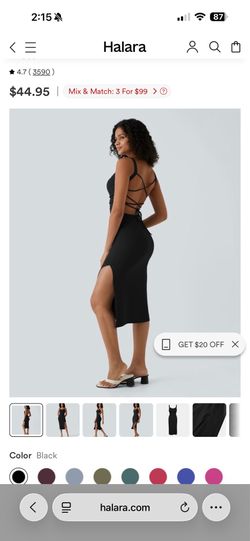 New size S Halara midi dress in black. This dress has a square neckline, strappy backless design, and a high side slit. RIt is made of a smooth, stret