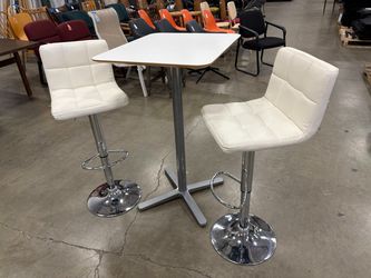 Petite White Bar Table with Bag Hooks and Ivory Quilted Pneumatic Bar Stools (Set of 3)