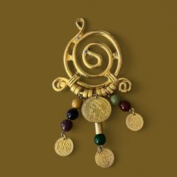 Swirly Gold Tone Brooch Dangling Beads & Coins Vintage 
