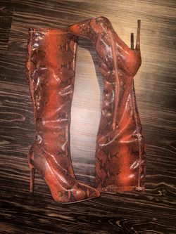 Red Snake Print Knee-High Stiletto Boots