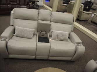 Moto Motion Maverick Leather Power Media Loveseat - Light Gray | Small Sofa | Two-Seat Couch