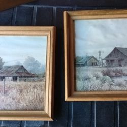 1- VINTAGE BARN PRINT BY GENE SPECK AND 1-VINTAGE 1970s Gene Speck Framed Rustic Barn & Farm Landscape Reproduction Print