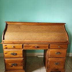 Antique Wood Desk W/ Rolling Door 