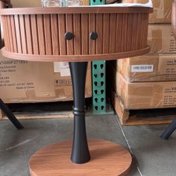 Small End Table with Storage Drawer, Oval Wood Side Table with 2 Sliding Door, Walnut  /Natural