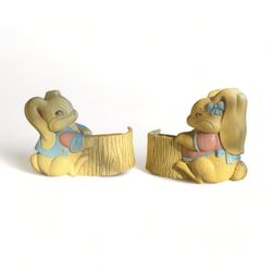 Vintage Burwood Girl Boy Bunny Rabbit Wall Pocket Holder Hanging Decor Set of 2